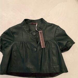 Cropped Short-Sleeve Leather Jacket in Dark Green